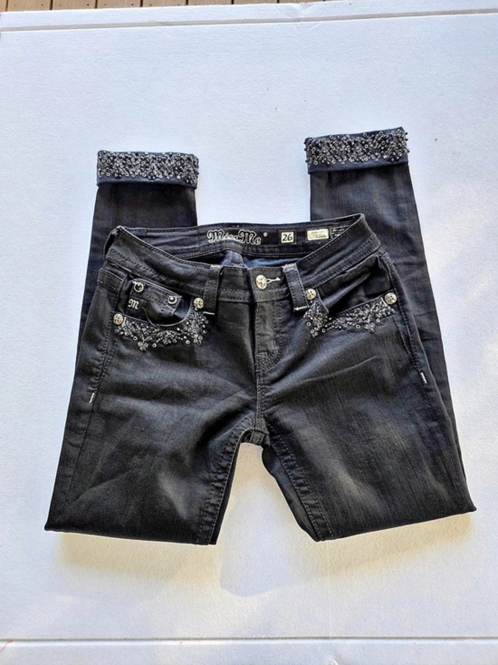 Mobwife Miss Me embellished skinny jeans With Embellished Cuffs Sz 26